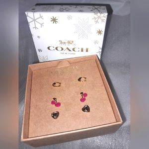 New Coach Singature Cherry Heart Earring  Set NWT In Snowflake Gift Box